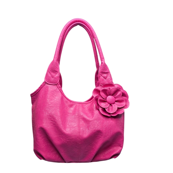 The Unbranded Brand Handbags - Pink hobo-style shoulder bag made of synthetic leather featuring a large flower